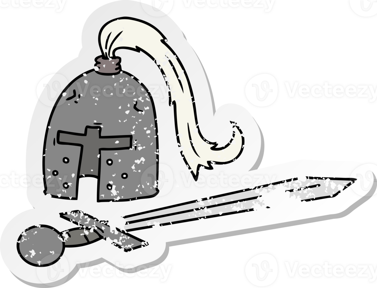 hand drawn distressed sticker cartoon doodle of a medieval helmet and sword png
