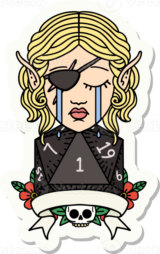 sticker of a crying elf rogue character with natural one D20 roll png