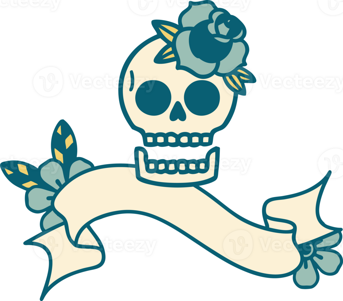 traditional tattoo with banner of a skull and rose png