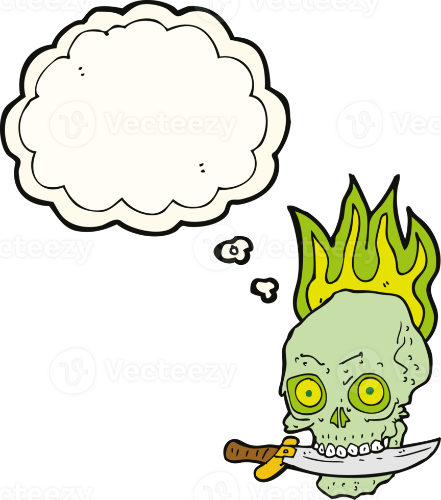 cartoon pirate skull with knife in teeth with thought bubble png