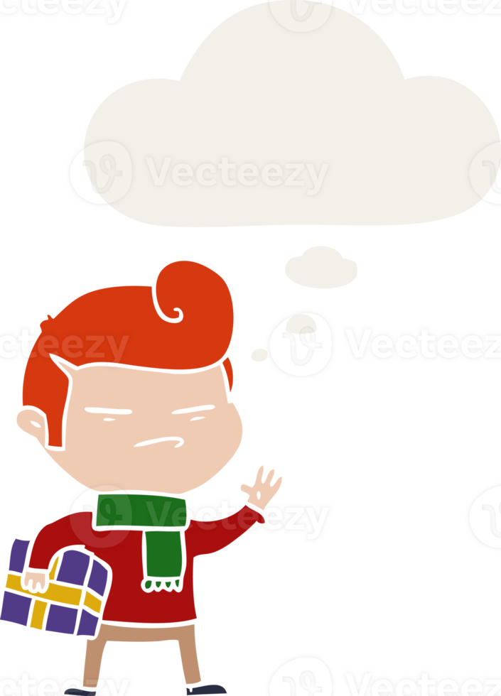 cartoon cool guy with fashion hair cut with thought bubble in retro style png