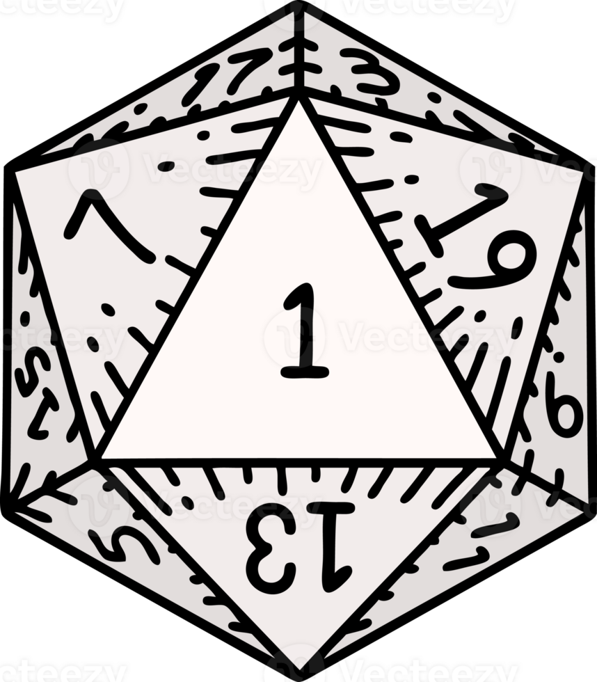 Retro Tattoo Style natural 1 D20 dice roll png