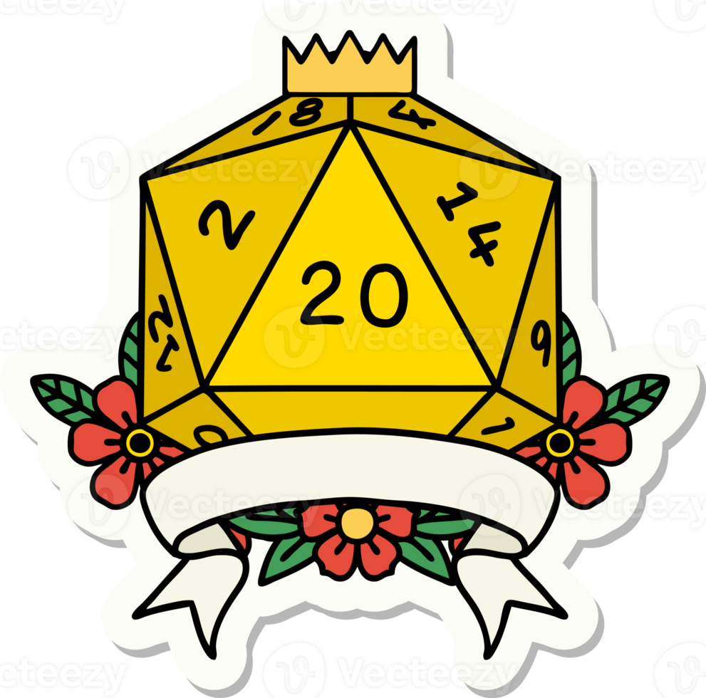 sticker of a natural 20 critical hit D20 dice roll png