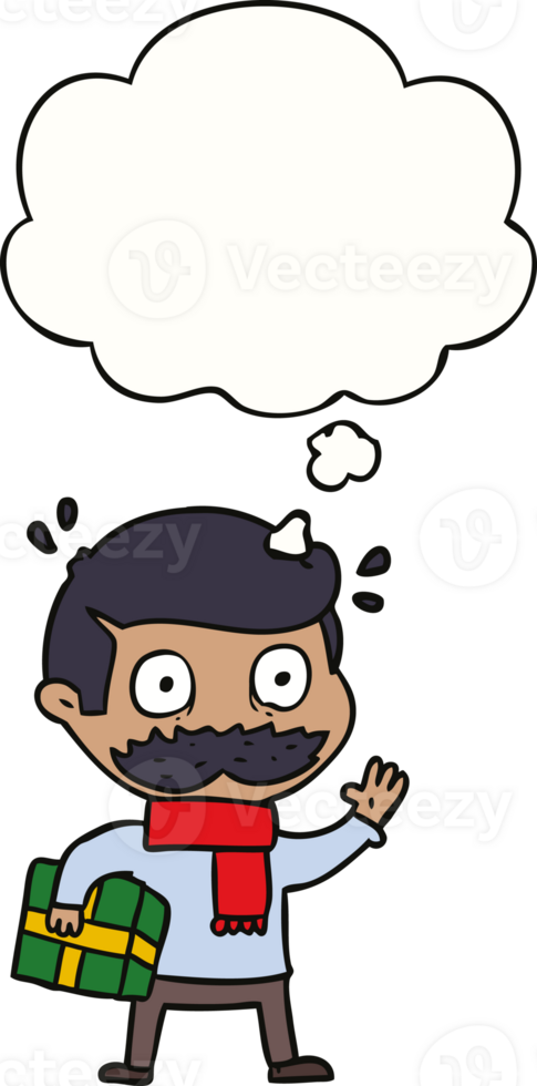 cartoon man with mustache and christmas present with thought bubble png