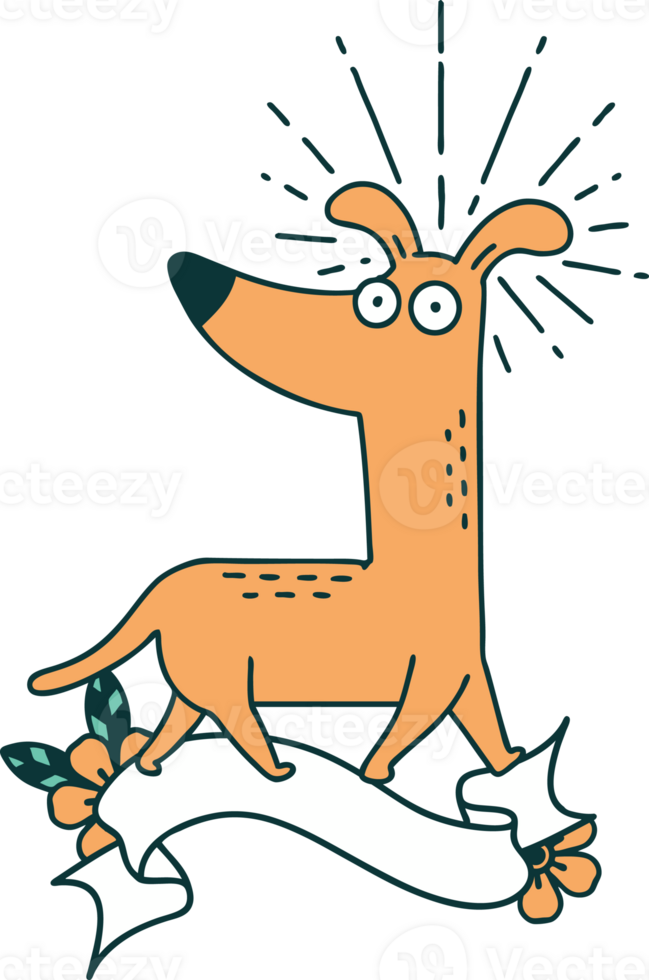scroll banner with tattoo style surprised dog png