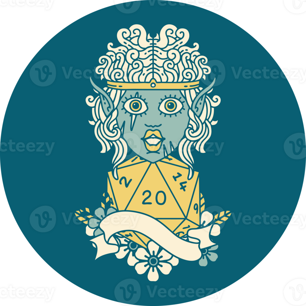 Retro Tattoo Style elf barbarian character face with natural twenty dice roll png