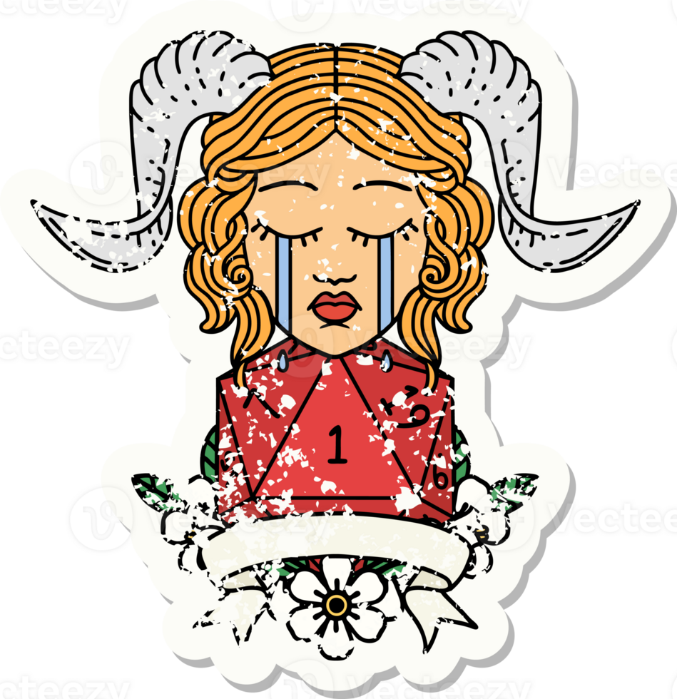 Retro Tattoo Style crying tiefling with natural one D20 dice roll png