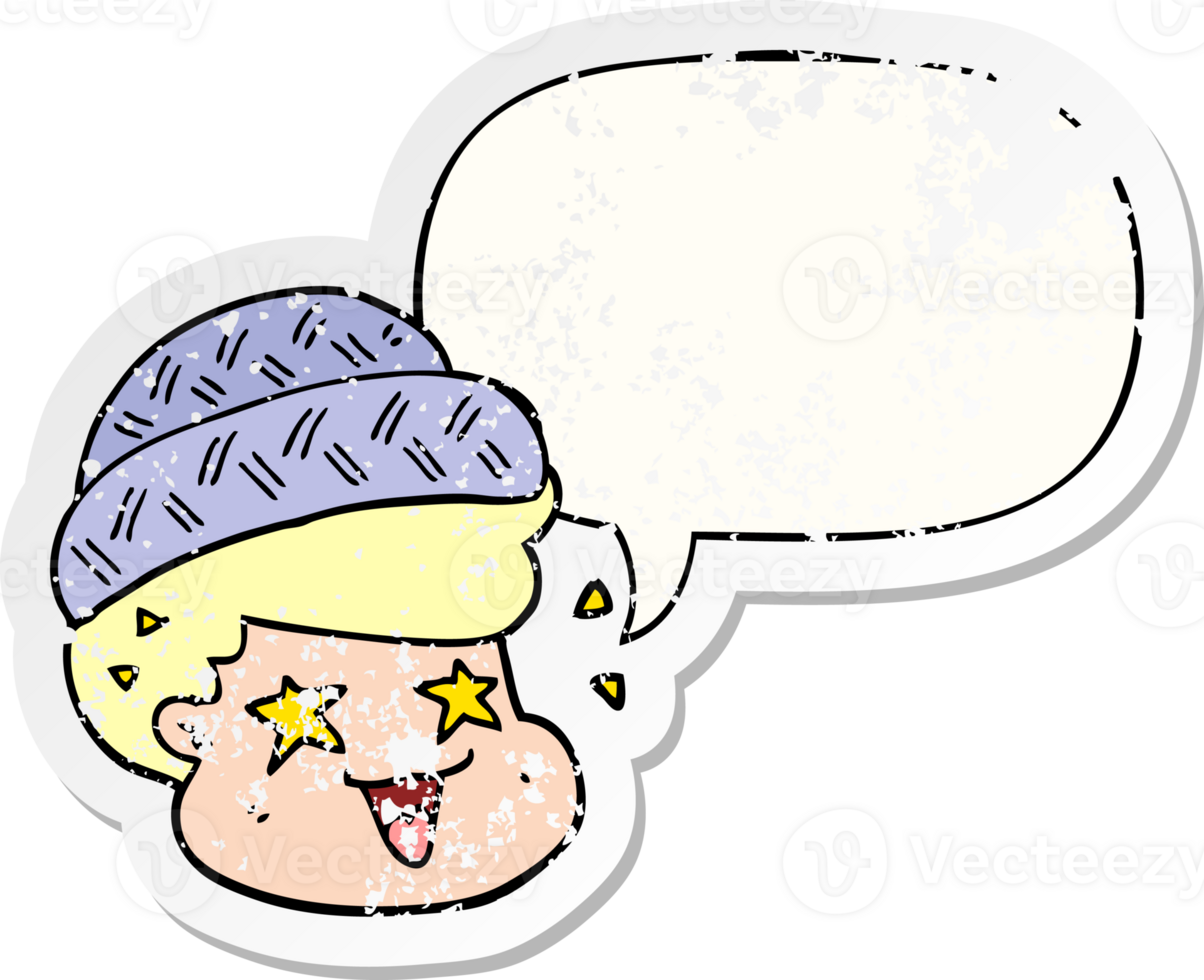 cartoon boy wearing hat with speech bubble distressed distressed old sticker png