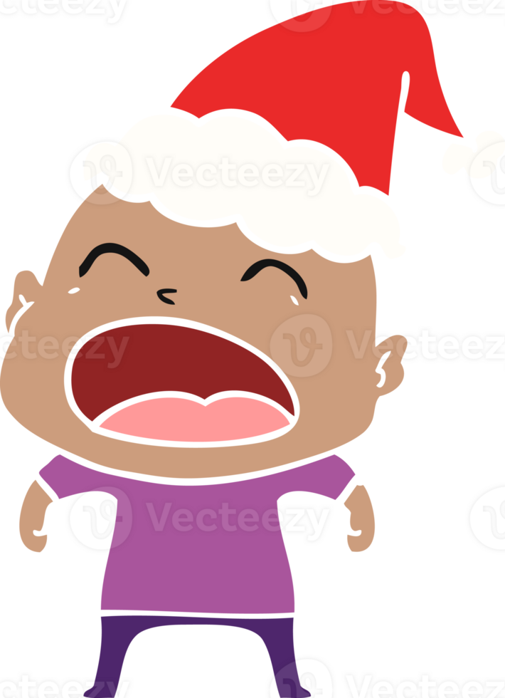 hand drawn flat color illustration of a shouting bald man wearing santa hat png