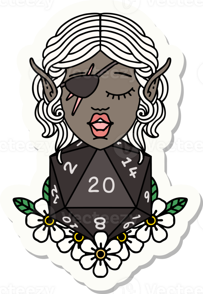 sticker of a elf rogue character with natural twenty dice roll png