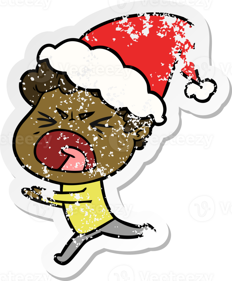 hand drawn distressed sticker cartoon of a furious man wearing santa hat png