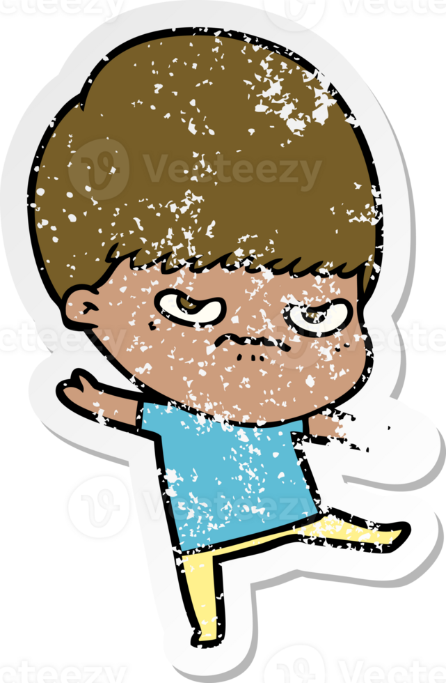 distressed sticker of a annoyed cartoon boy png