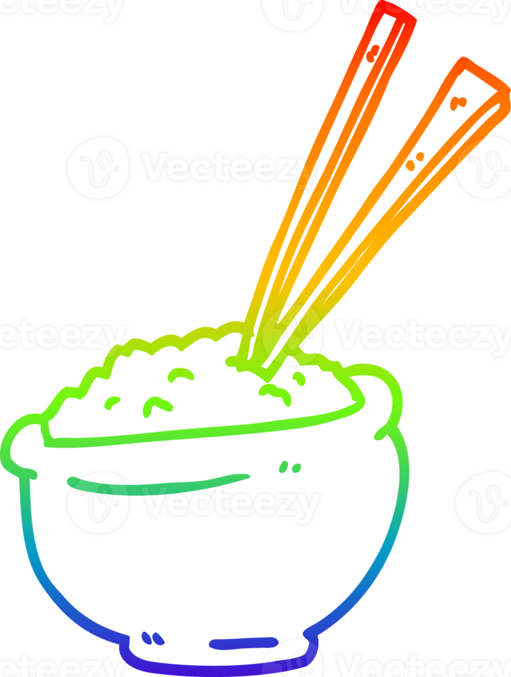 rainbow gradient line drawing of a cartoon bowl of rice with chopsticks png
