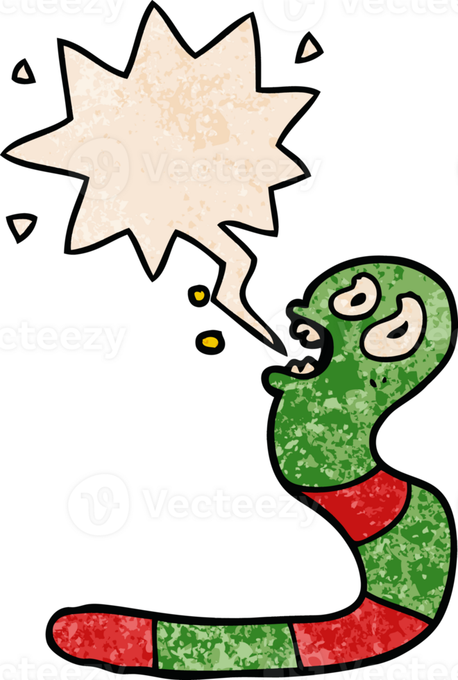 cartoon frightened worm with speech bubble in retro texture style png