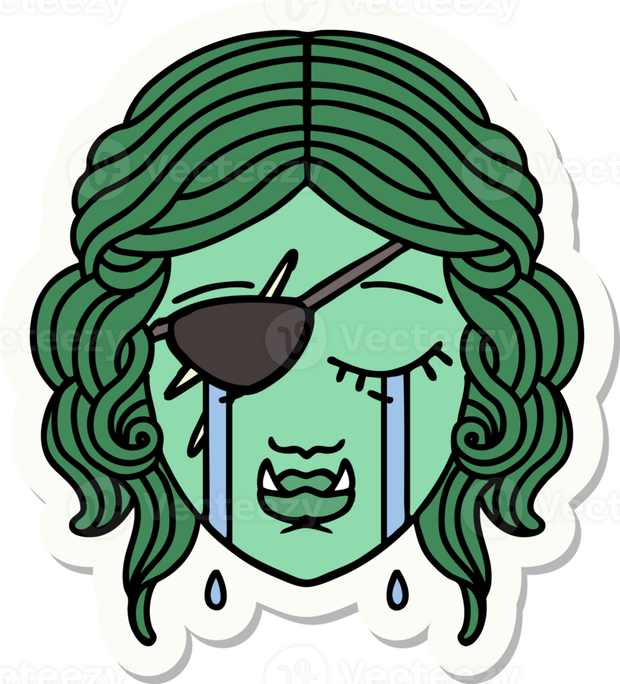 sticker of a crying half orc rogue character face png