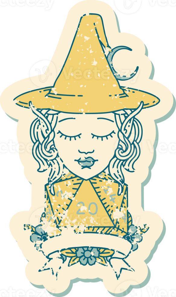 Retro Tattoo Style elf mage character with natural twenty dice roll png