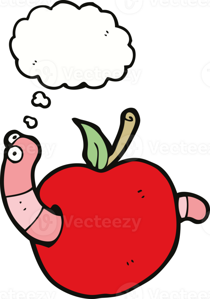 cartoon worm in apple with thought bubble png