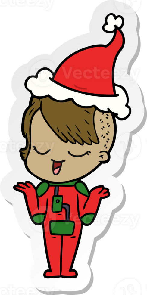 contento mano disegnato etichetta cartone animato di un' ragazza nel spazio completo da uomo indossare Santa cappello png