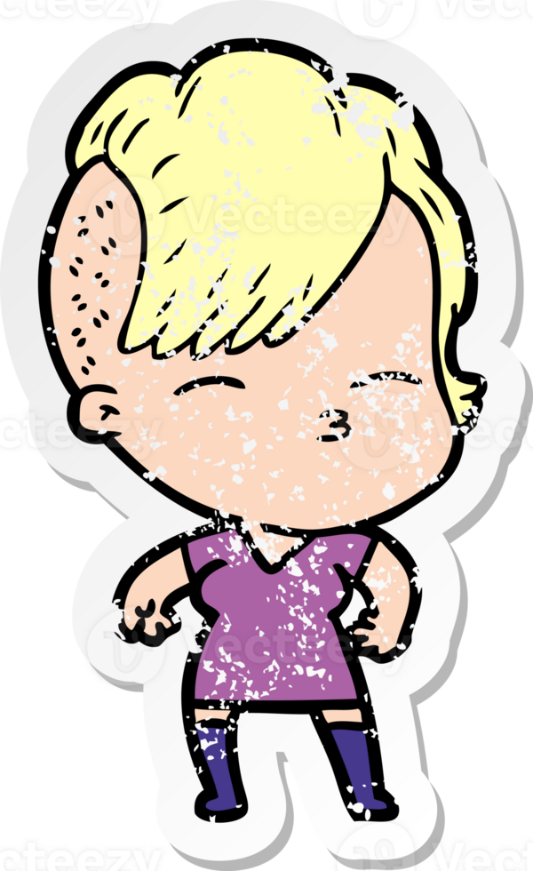distressed sticker of a cartoon squinting girl png