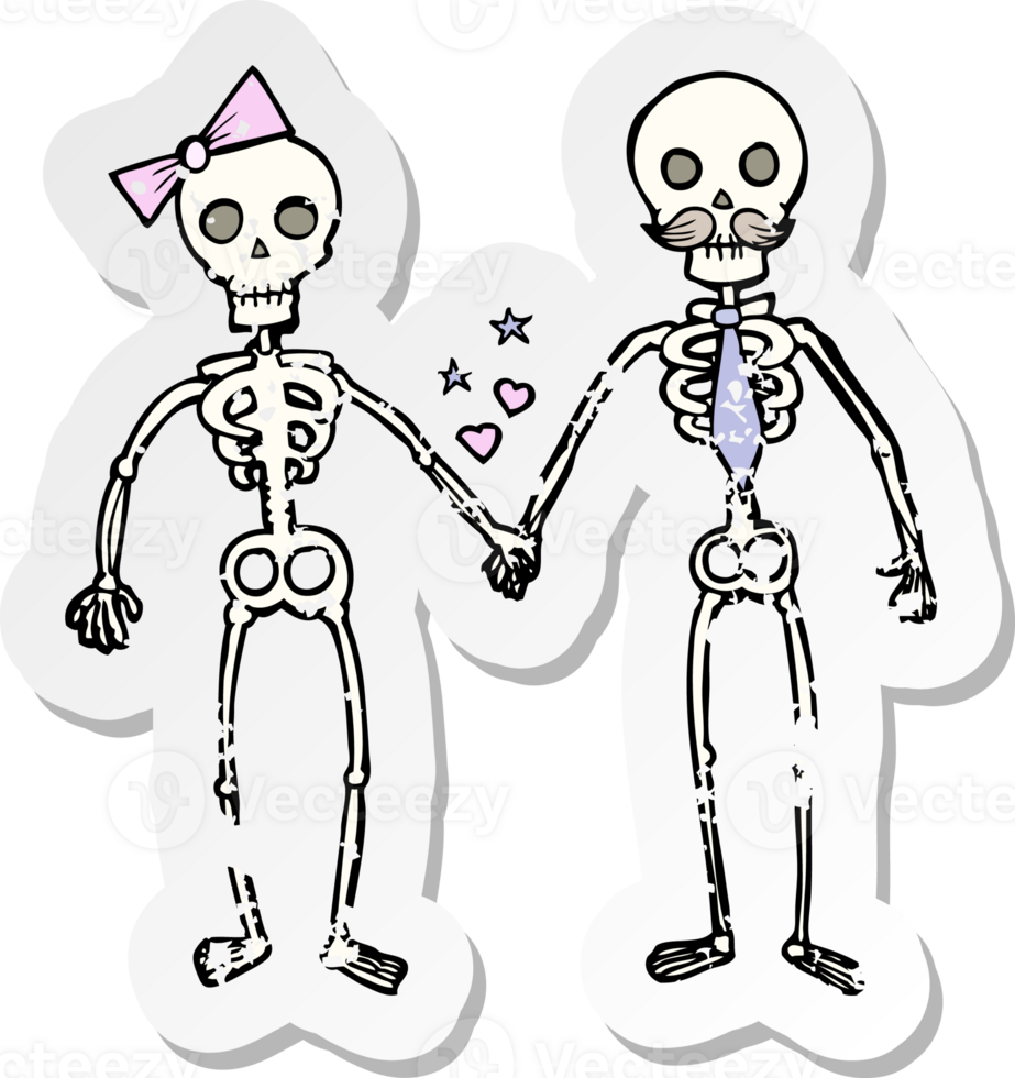 retro distressed sticker of a cartoon skeletons in love png