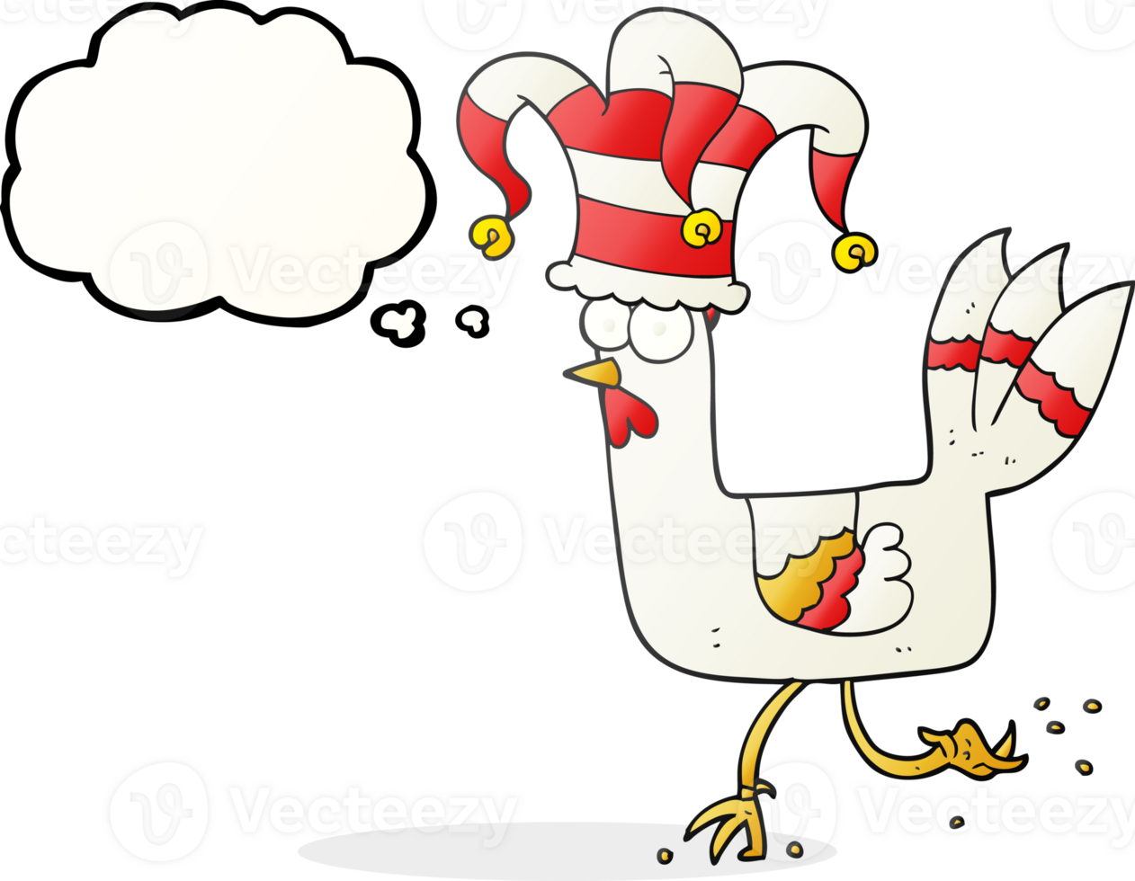 hand drawn thought bubble cartoon chicken running in funny hat png