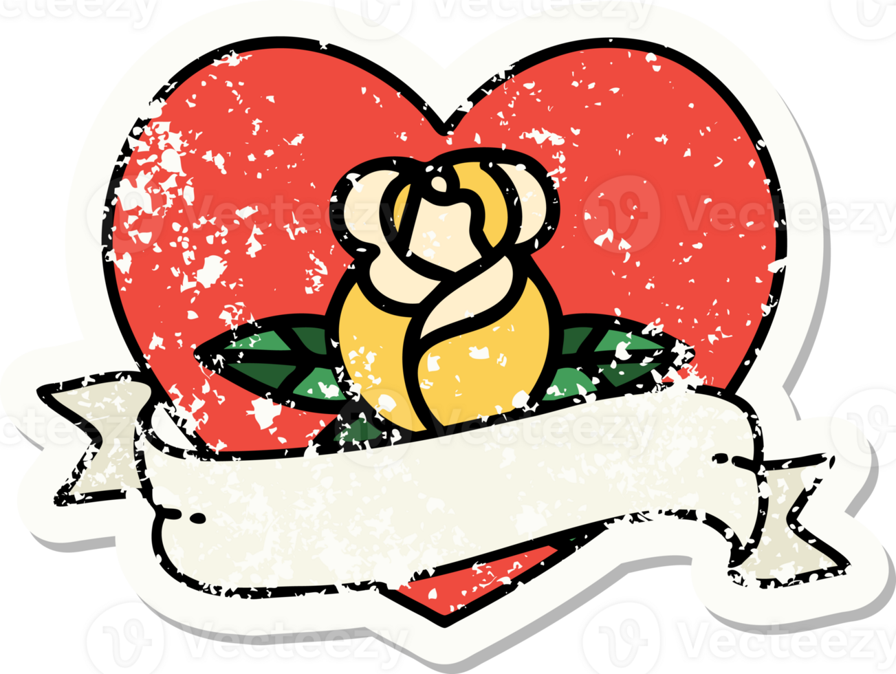 distressed sticker tattoo in traditional style of a heart rose and banner png
