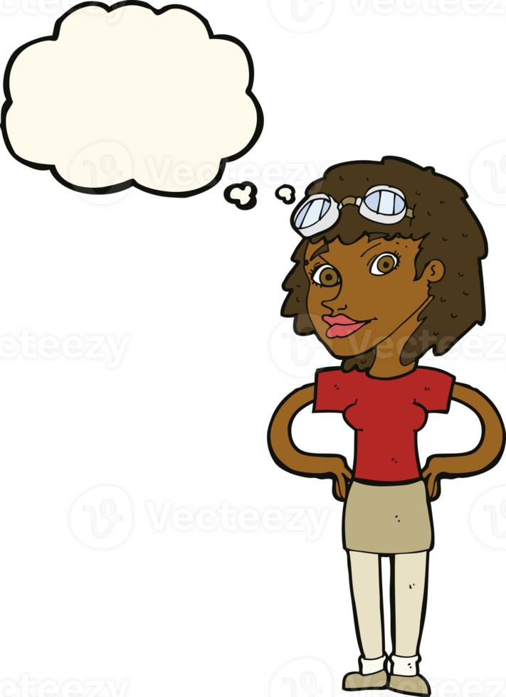 cartoon retro pilot woman with thought bubble png