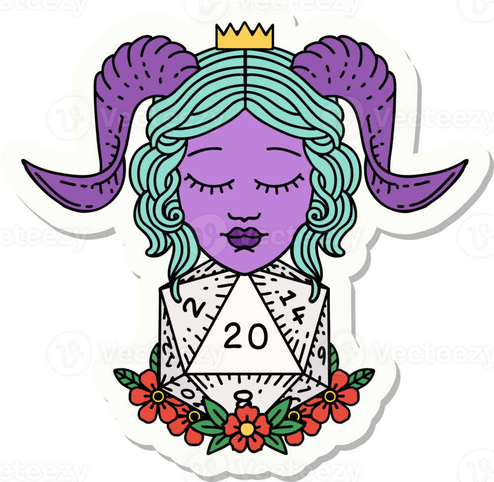 sticker of a tiefling with natural twenty d20 dice roll png