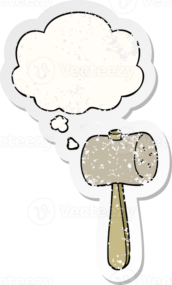 cartoon mallet with thought bubble as a distressed worn sticker png