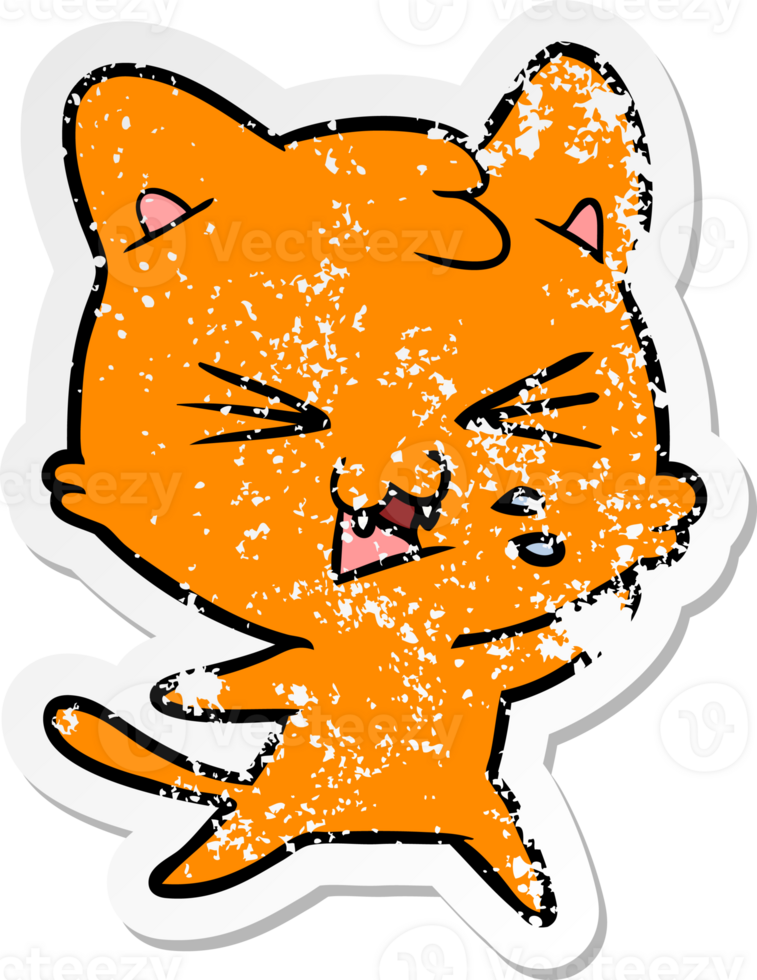 distressed sticker of a cartoon hissing cat png