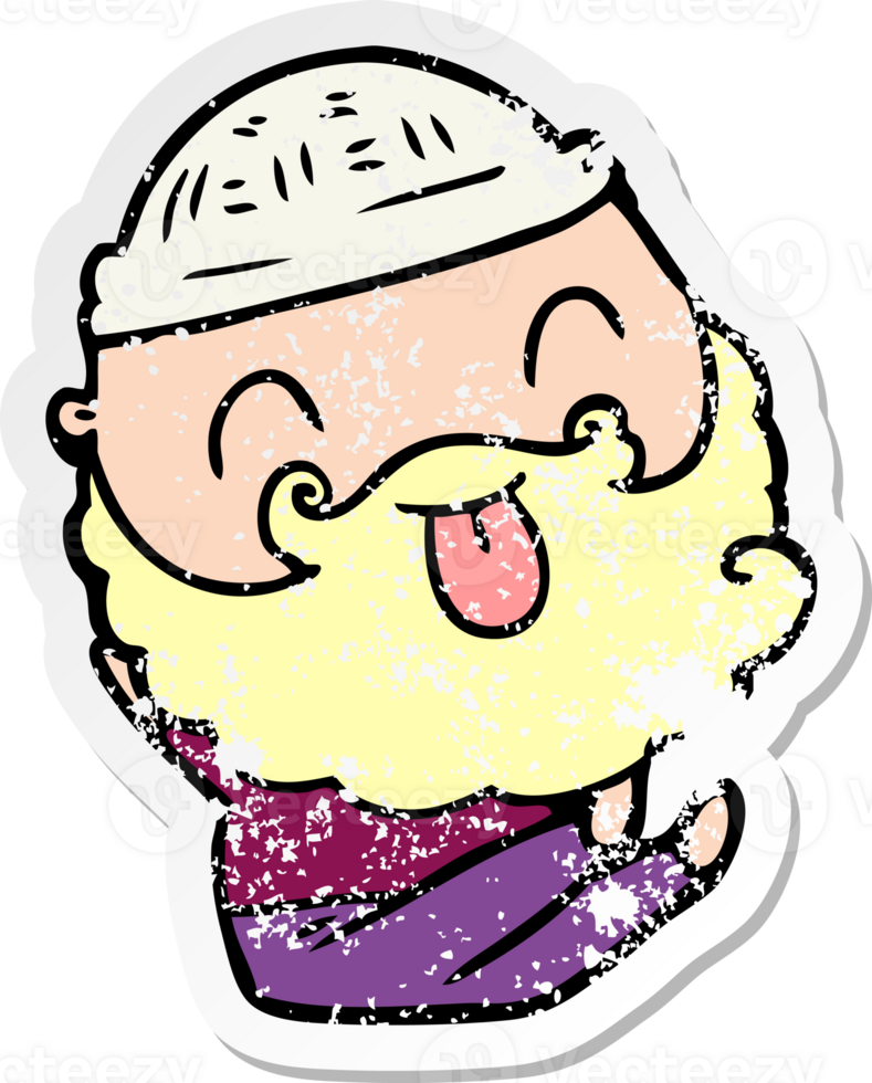distressed sticker of a sitting man with beard sticking out tongue png