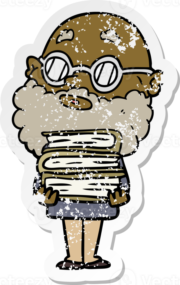 distressed sticker of a cartoon curious man with beard and glasses png