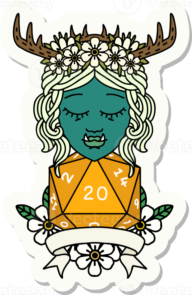 sticker of a orc druid character with natural twenty dice roll png