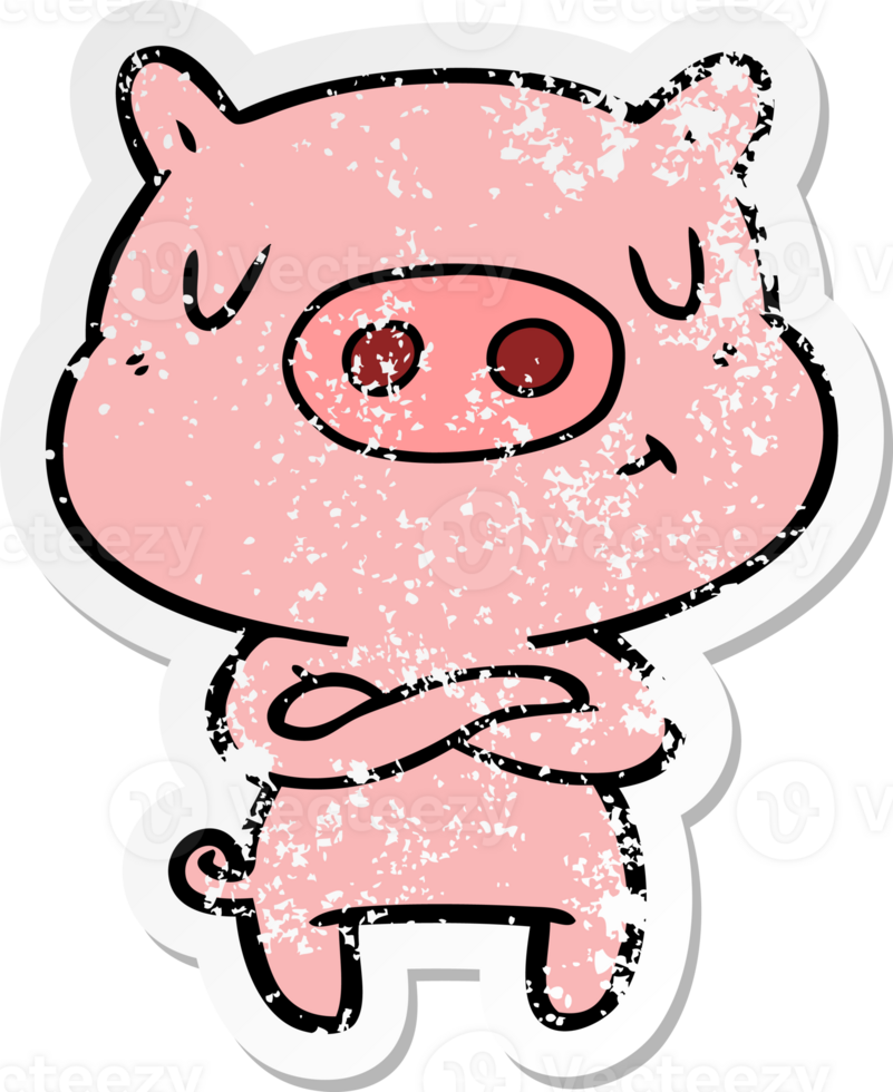 distressed sticker of a cartoon content pig png