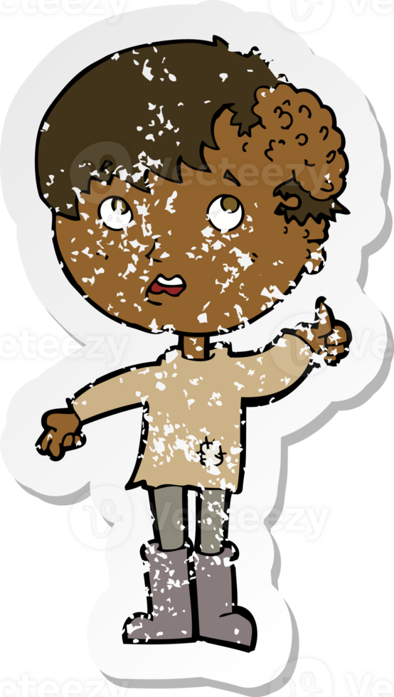 retro distressed sticker of a cartoon boy with growth on head png