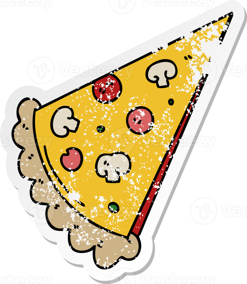 distressed sticker of a quirky hand drawn cartoon slice of pizza png