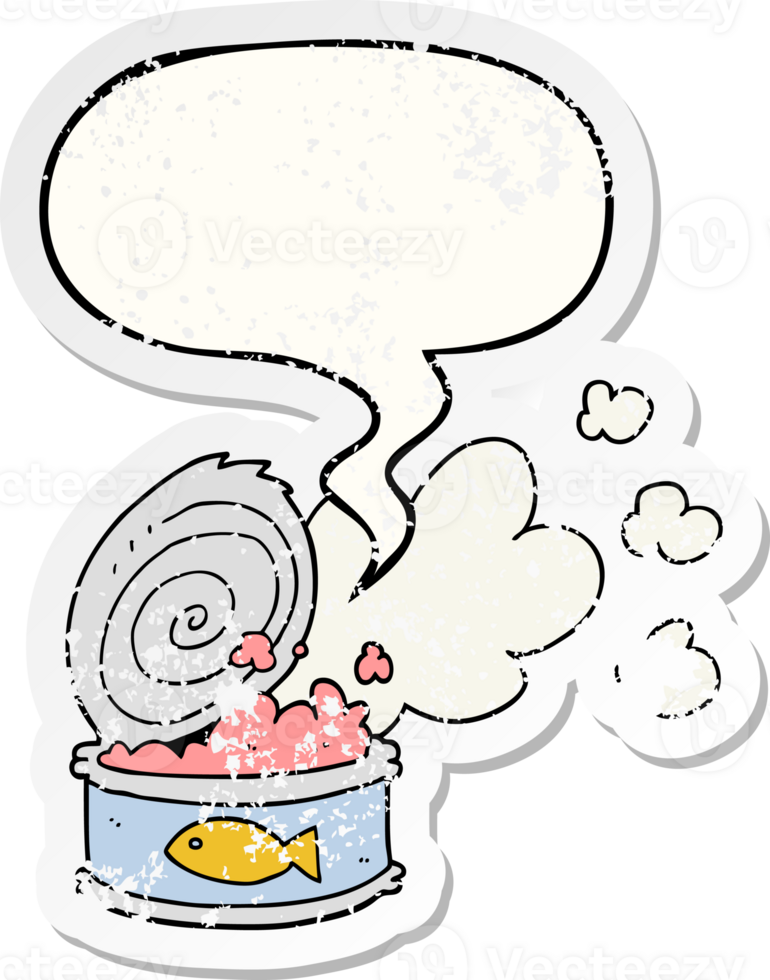 cartoon smelly can of fish with speech bubble distressed distressed old sticker png