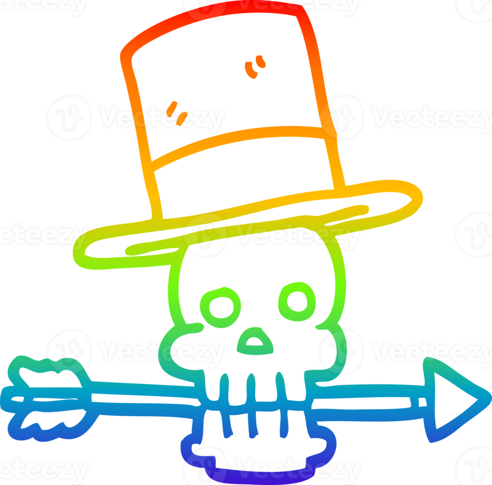 rainbow gradient line drawing of a cartoon skull with top hat and arrow png