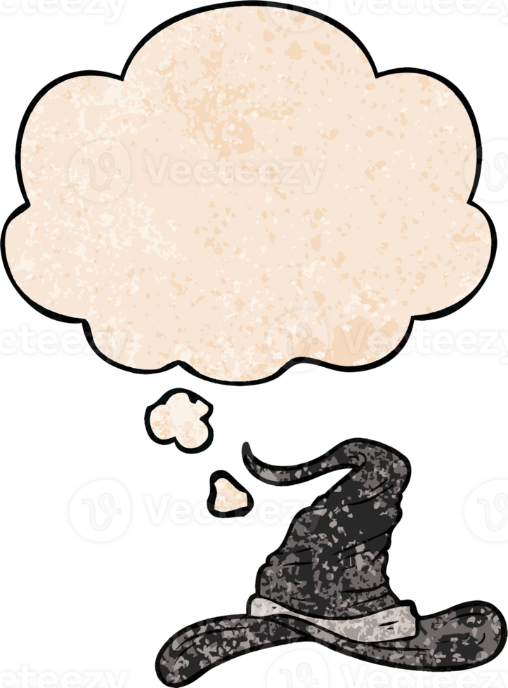 cartoon wizards hat with thought bubble in grunge texture style png