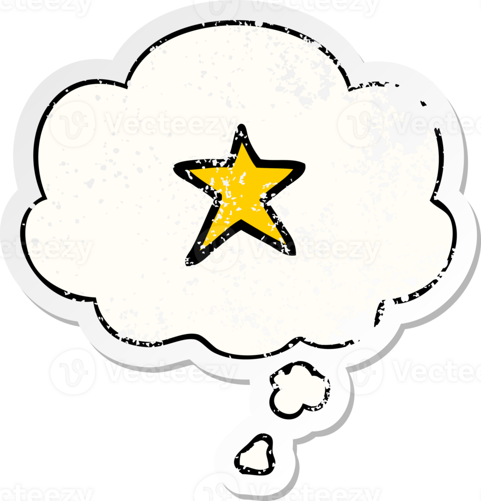 cartoon star symbol with thought bubble as a distressed worn sticker png