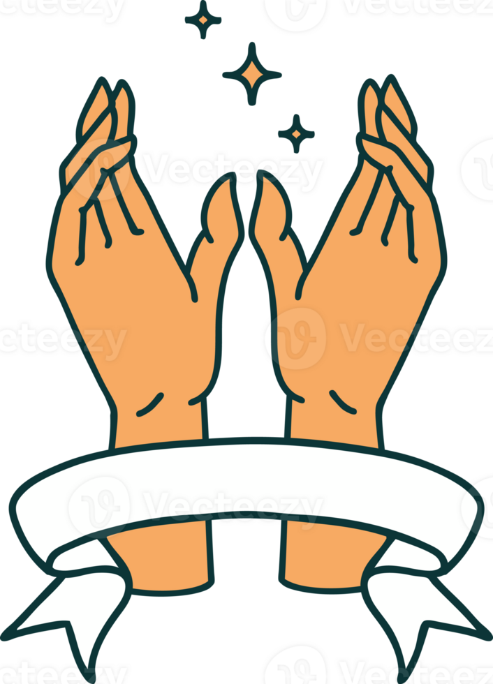 traditional tattoo with banner of reaching hands png