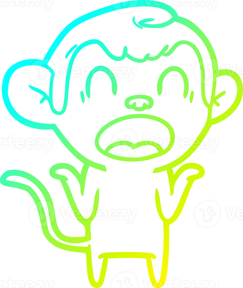cold gradient line drawing of a shouting cartoon monkey shrugging shoulders png