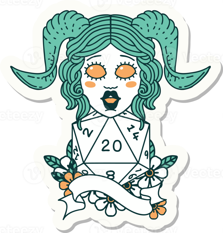 sticker of a tiefling with natural twenty dice roll png