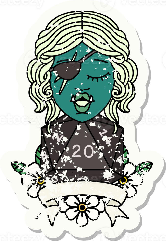 Retro Tattoo Style half orc rogue character with natural twenty dice roll png