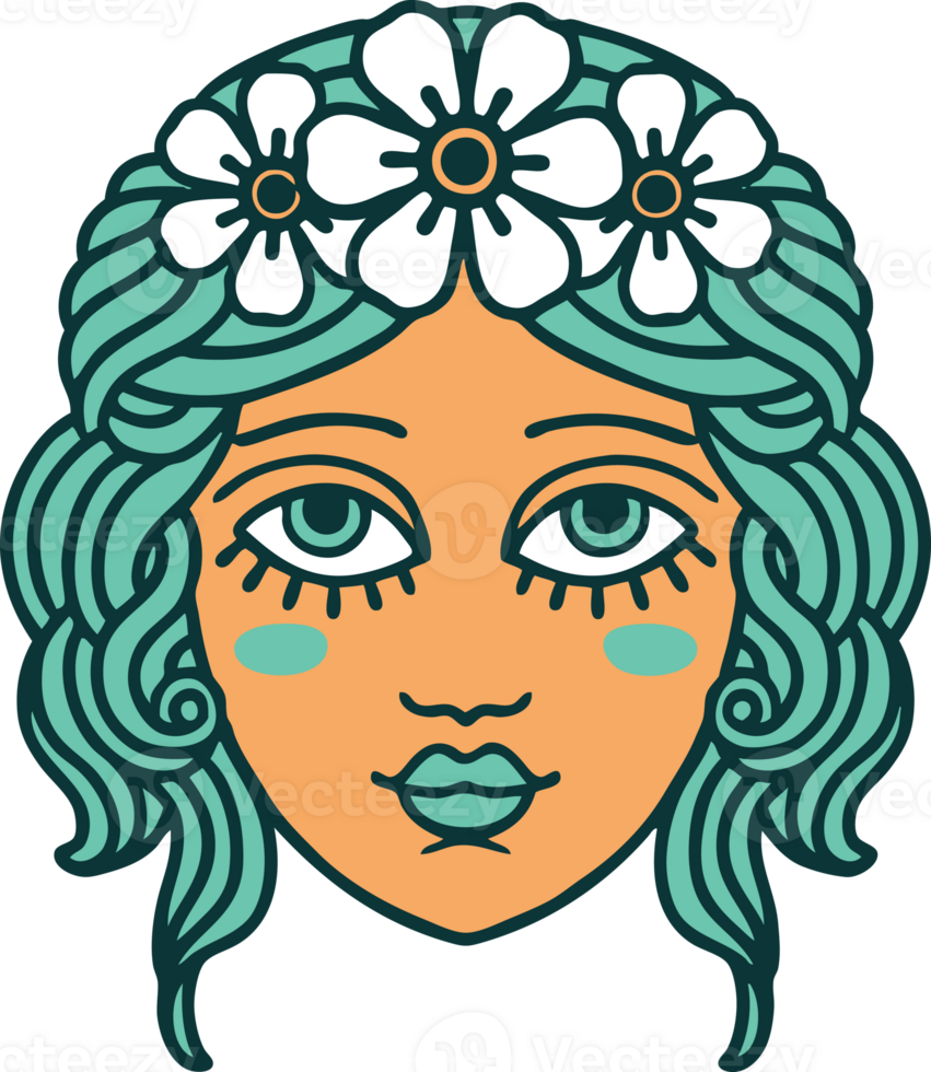 iconic tattoo style image of female face with crown of flowers png