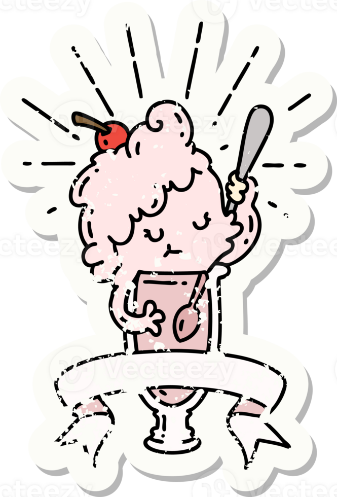 worn old sticker of a tattoo style ice cream character png