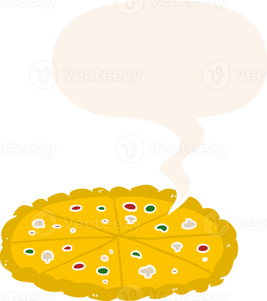 cartoon double cheese pizza with speech bubble in retro style png