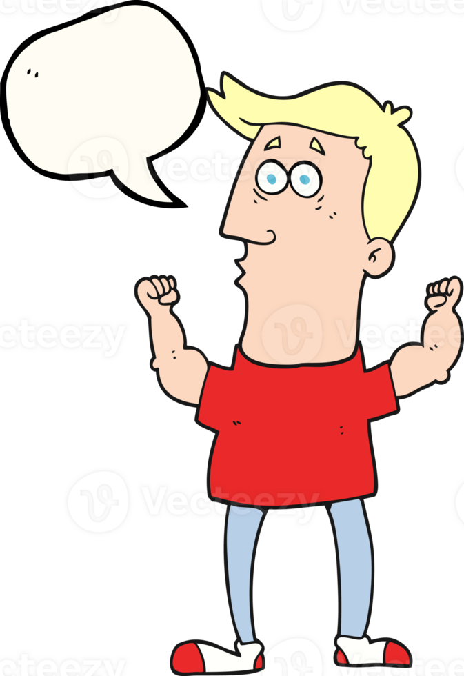 hand drawn speech bubble cartoon surprised man flexing biceps png