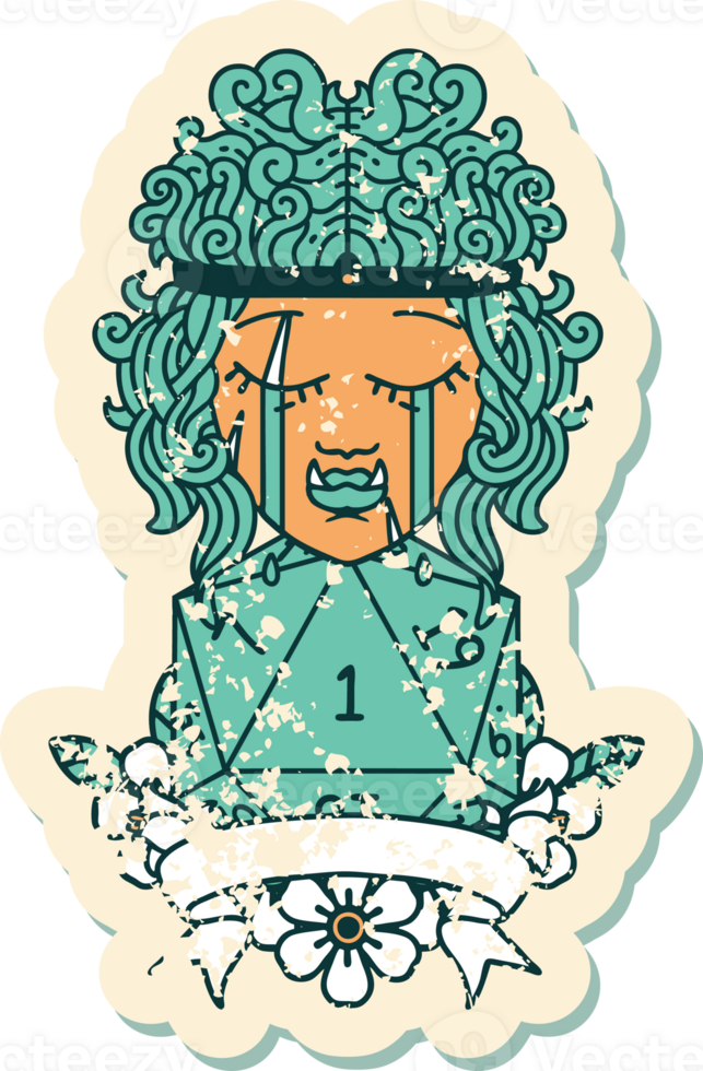 Retro Tattoo Style crying orc barbarian character with natural one D20 roll png