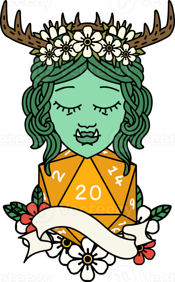 Retro Tattoo Style half orc druid character with natural 20 dice roll png